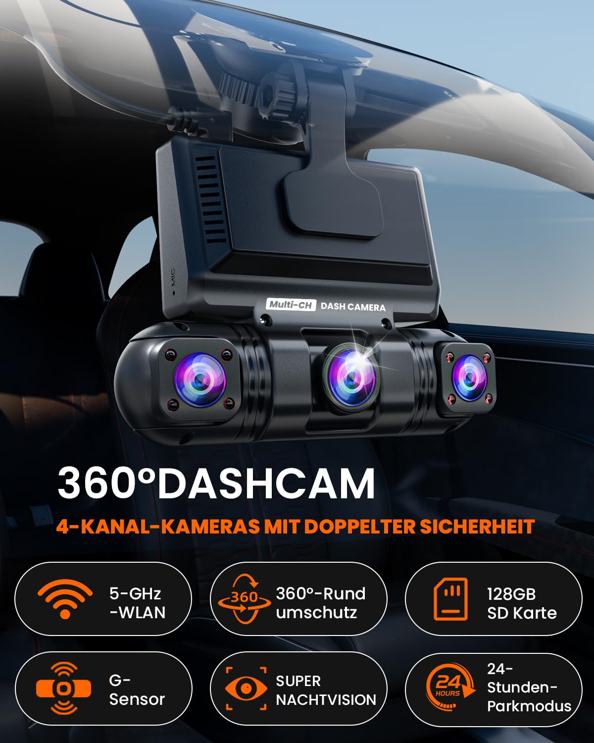 4-Kanal Wireless 2K Dashcam 360° Auto Dashcam mit Wi-Fi, G-Sensor, 8 IR-Nachtsicht-LEDs, 64GB SD-Karte