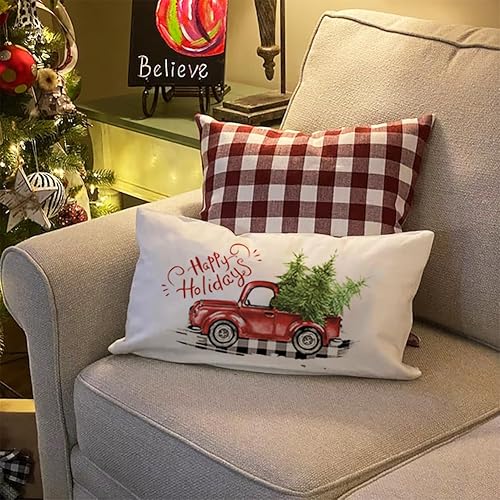 Miniatura 4 de CARRIE HOME Juego de 2 fundas de almohada lumbar de Navidad de 12 x 20 pulgadas, decoración navideña de camión rojo para porche, 12 x 20 pulgadas,