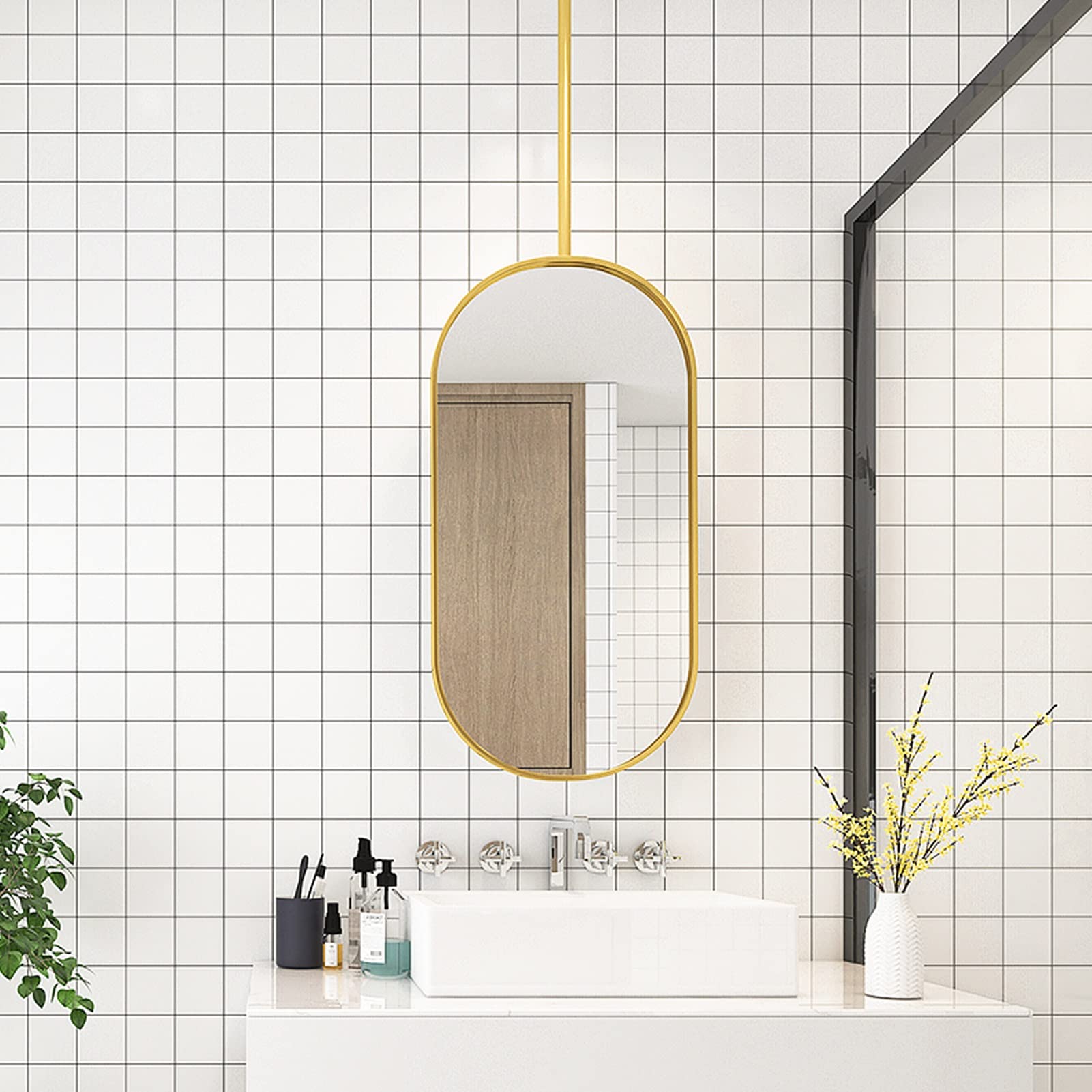 SXFSDOU Gold Oval Wall Mirror - 50x70cm Hanging Vanity for Bathroom, Bedroom & Living Room Decorative Makeup Shaving Entryway, Washroom Decor