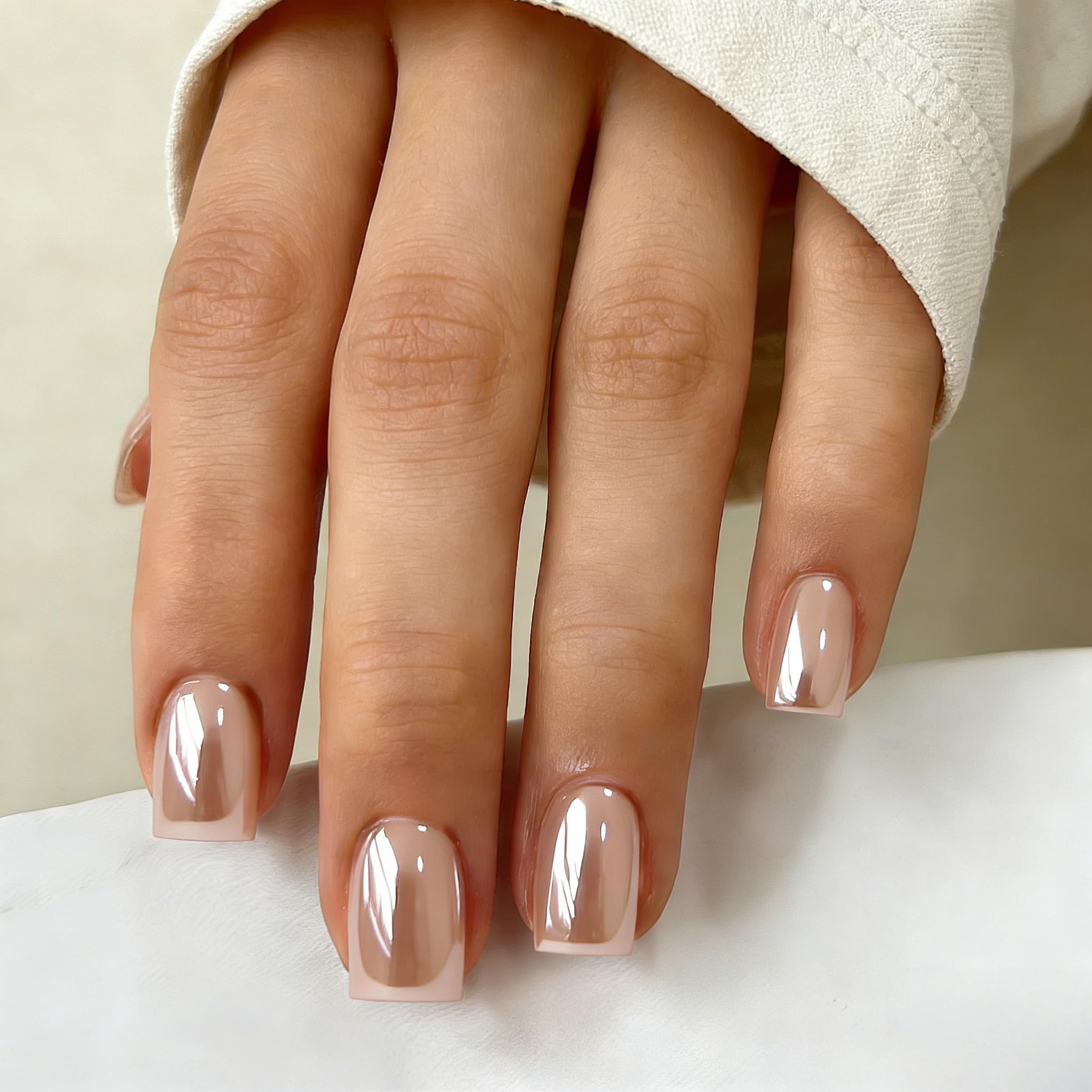 KQueenest Chrome Nude Press on Nails Kurz Eckig, Glänzend Glitzer Nägel zum Aufkleben Kurz, Glasiert Niedlich Fake Nails mit Sparkle Spiegel Design, Natürlich Einfarbig Künstliche Nägel 30 Stück