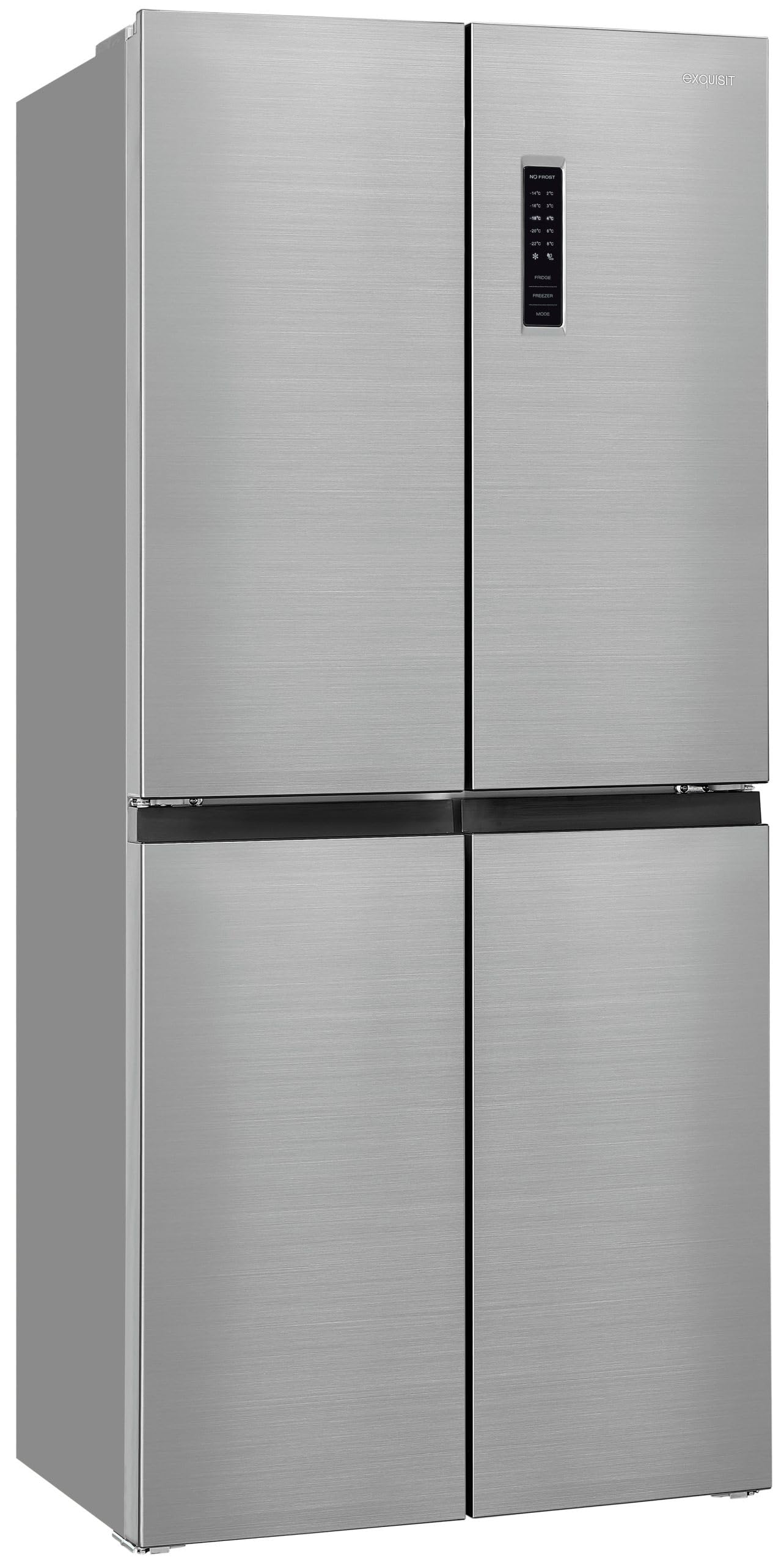 Exquisit® Frigorífico Americano, 4 Puertas, 362L, Clase D, Material Acero Inox, Tecnologia No-Frost, Display Digital en Puerta, Cajon Verdulero Siempre Fresco, Consumo 210 kWh/año, Medidas 180x79x62Cm