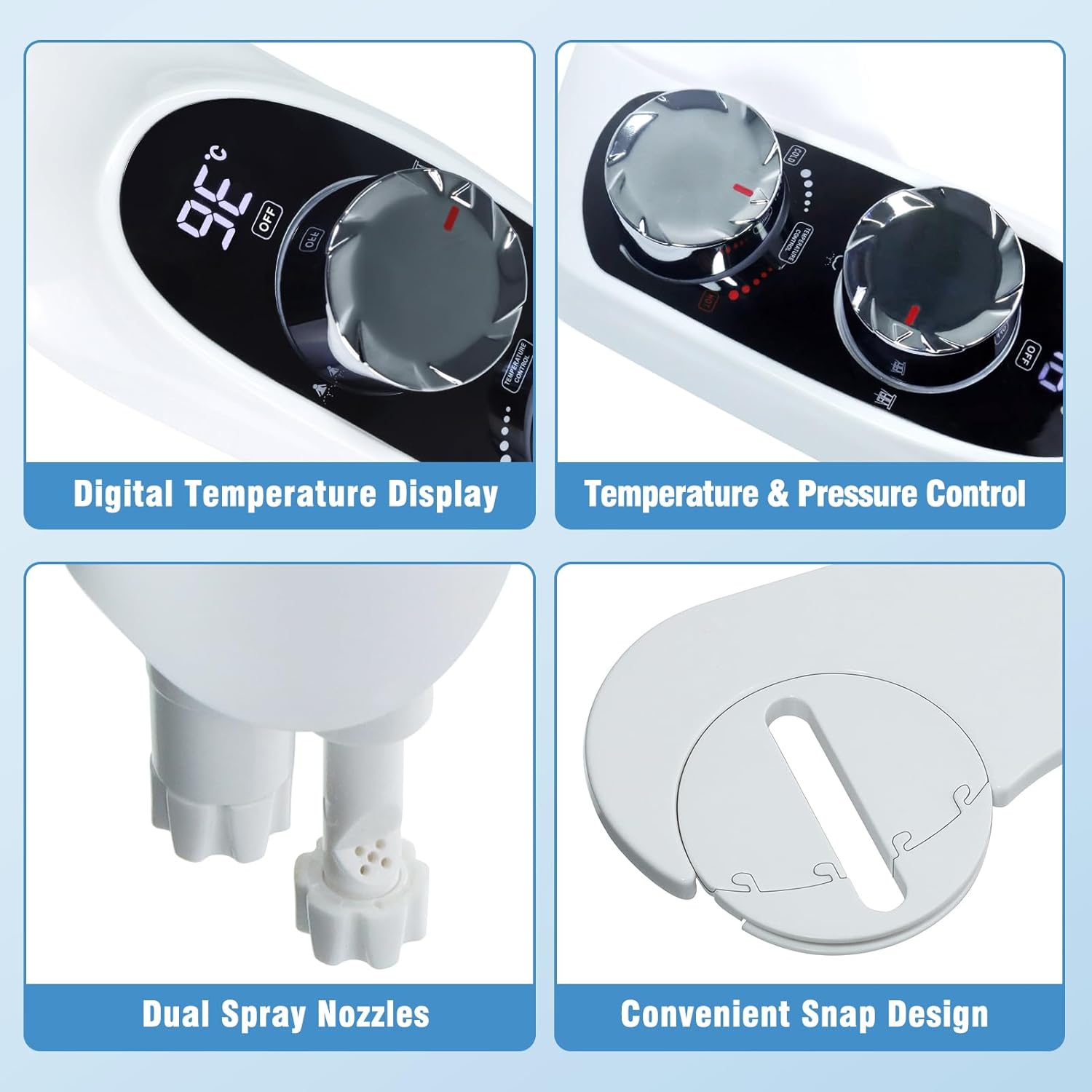 Bidet Attachment for Toilet Warm Water, Temperature Display Hot & Cold Water Non-Electric Adjustable Pressure Self Cleaning Frontal & Rear Dual Nozzle Wash Bidet Attachment for Rear & Feminine Wash