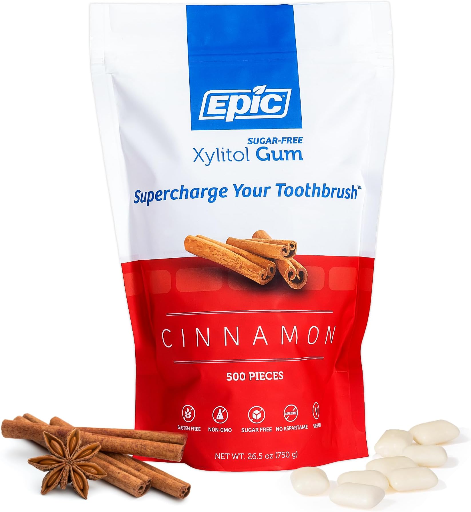 Epic Xylitol Chewing Gum - Sugar Free & Aspartame Free Chewing Gum Sweetened w/Xylitol for Dry Mouth & Gum Health (Cinnamon, 500-Piece Bag, 1 Bag)