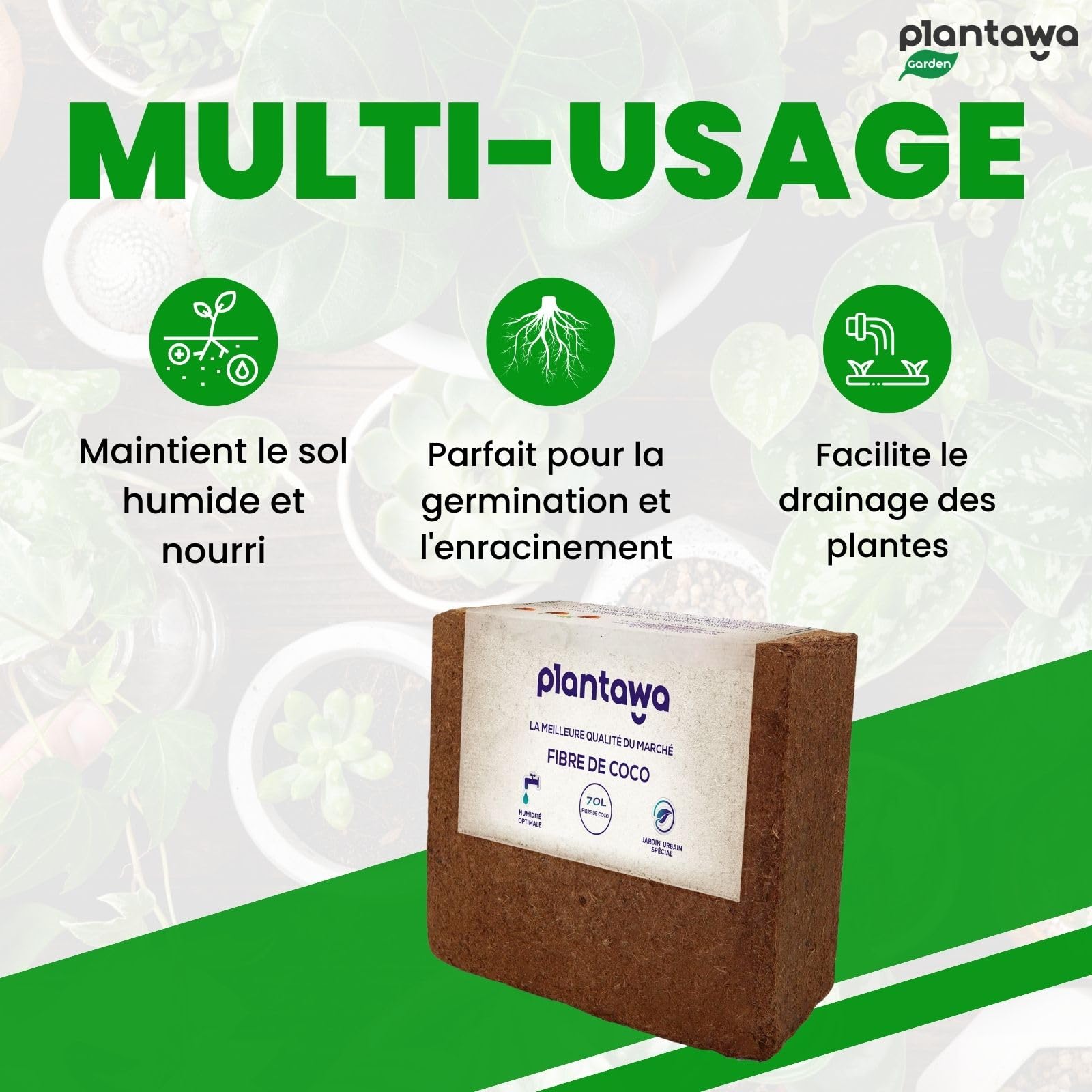 PLANTAWA Fibre de Coco Organique Bloc 5 kg 70 l – Brique compacte – Terre pour Plantes – Utilisation de Potager Urbain terriaire pour Plantes extérieures Turba pour Pots de Fleurs