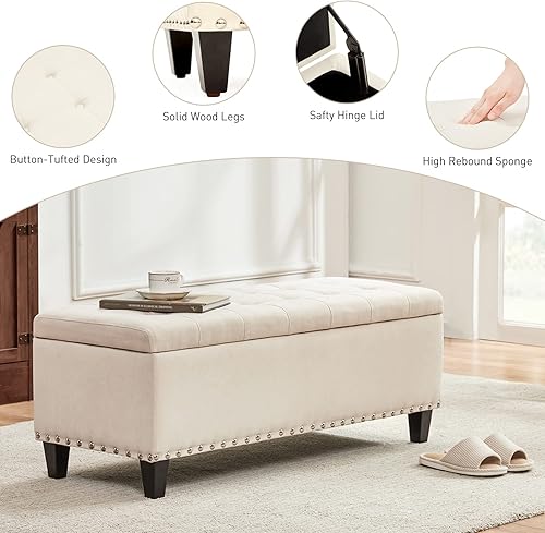 Miniatura 7 de HUIMO Otomana con almacenamiento, otomana tapizada de tela de 41 pulgadas con bisagra de seguridad, banco de almacenamiento con botones, banco