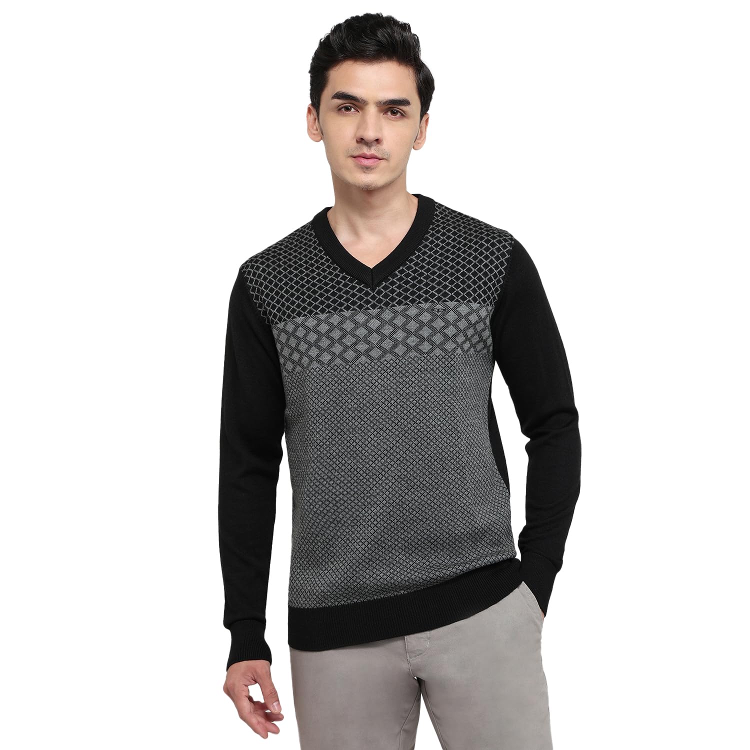 colorplus Men Regular Fit Jacquard Pattern Acrylic Merino Wool Blend Full Sleeve V Neck Casual Sweater Black-picture-54