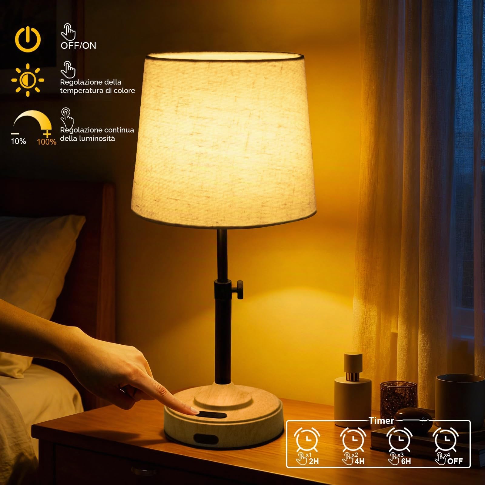 Lampada da Comodino Senza Fili- Abat Jour da Comodino Touch Dimmerabile e Timer, 3 Temperature Colore, Ricarica USB-C Lampada da Tavolo per Camera, Soggiorno, Studio(Confezione da 2)