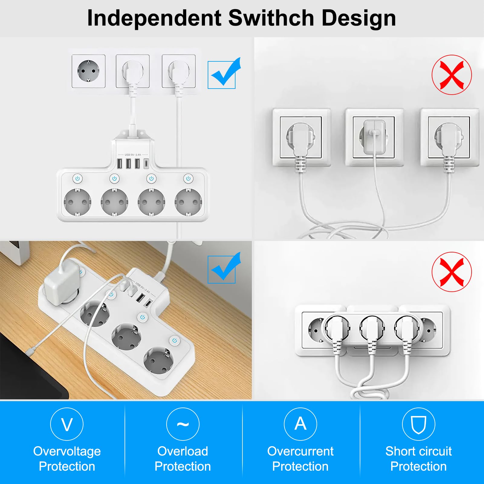 Produktbild von Steckdosenleiste 4 USB Mehrfachsteckdose Mit USB C 8 Fach Steckerleiste