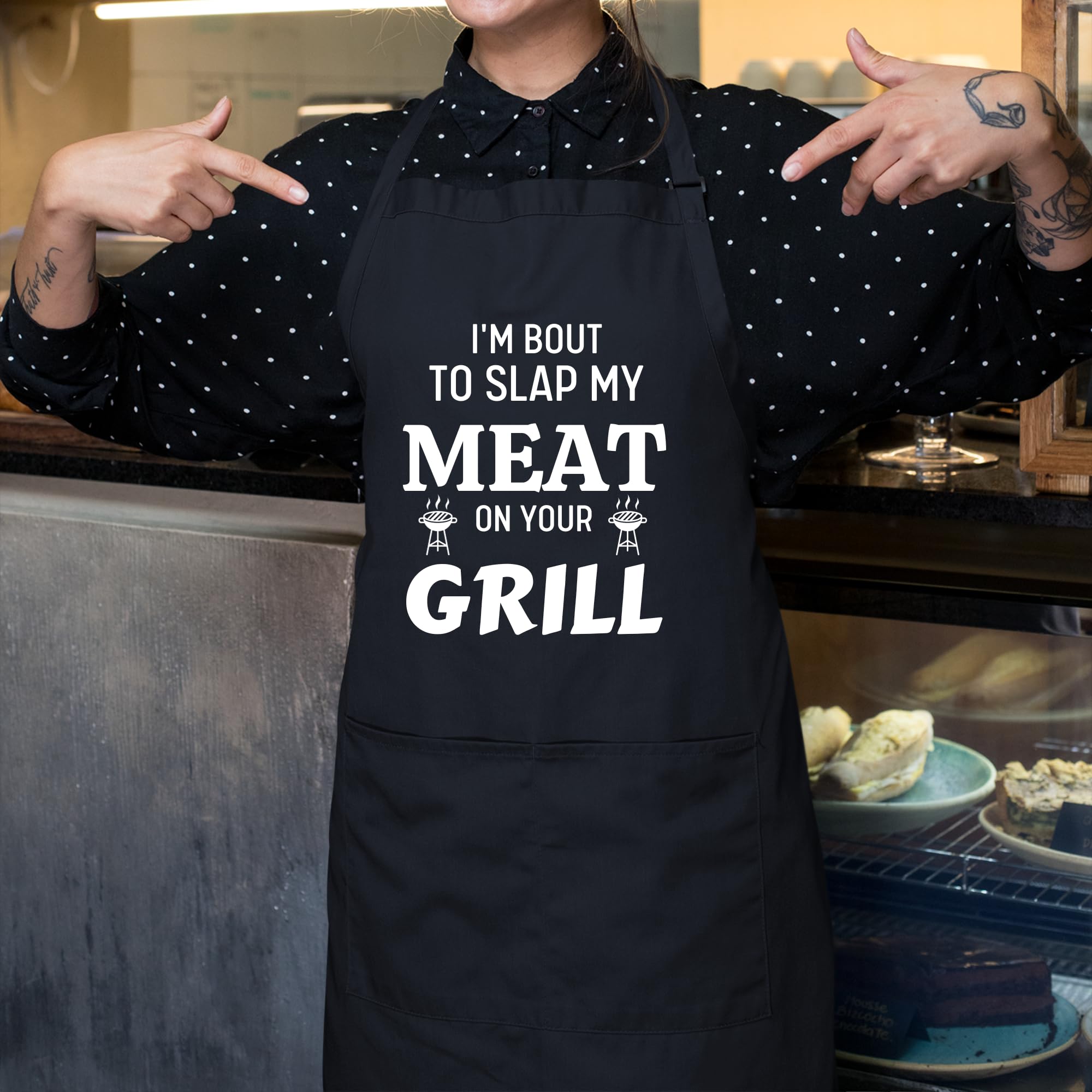 Delantales divertidos con texto en inglés "I'm Bout To Slap My Meat On Your Grill" para mujer, regalo para padre, Navidad, Negro, Taille unique