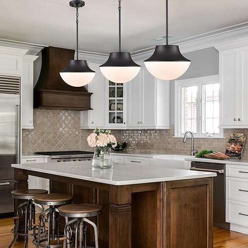 Miniatura 2 de Iluminación colgante de granja de mediados de siglo para cocina, 11.02 pulgadas, color negro mate, luces colgantes para isla de cocina con vidrio de