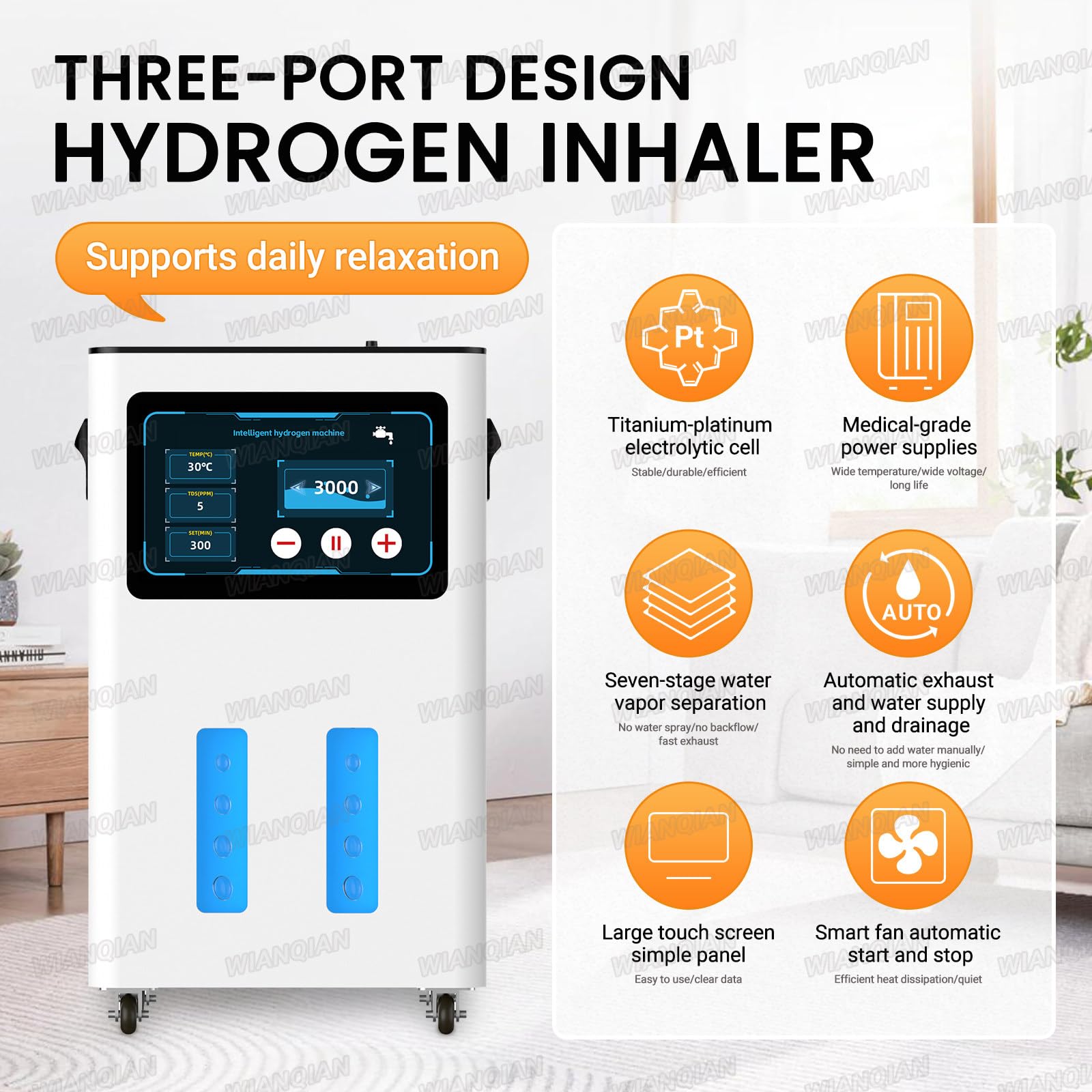 Tragbare Wasserstoff-Inhalationsmaschine, Hochreiner Gasgenerator, intelligenter Ventilator, LED-Touch-Display, für Zuhause, Reisen, Wellness