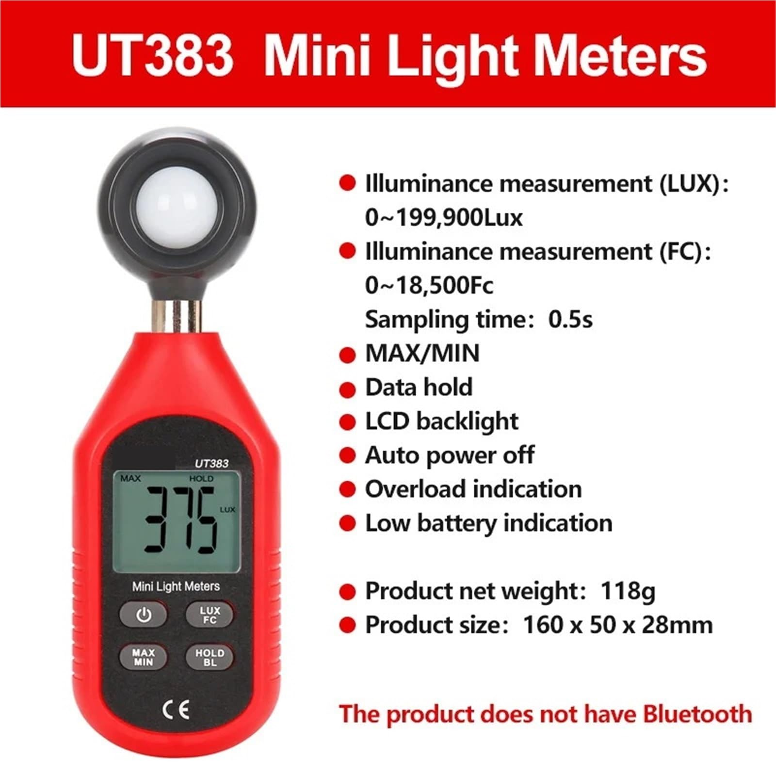 Digitaler Lichtmesser Luxometer UT383BT UT383 0~199.900 Lux Meter Fotografischer Beleuchtungsstärkemesser FC Luximetro,Vielseitiges optisches Werkzeug(UT383BT)