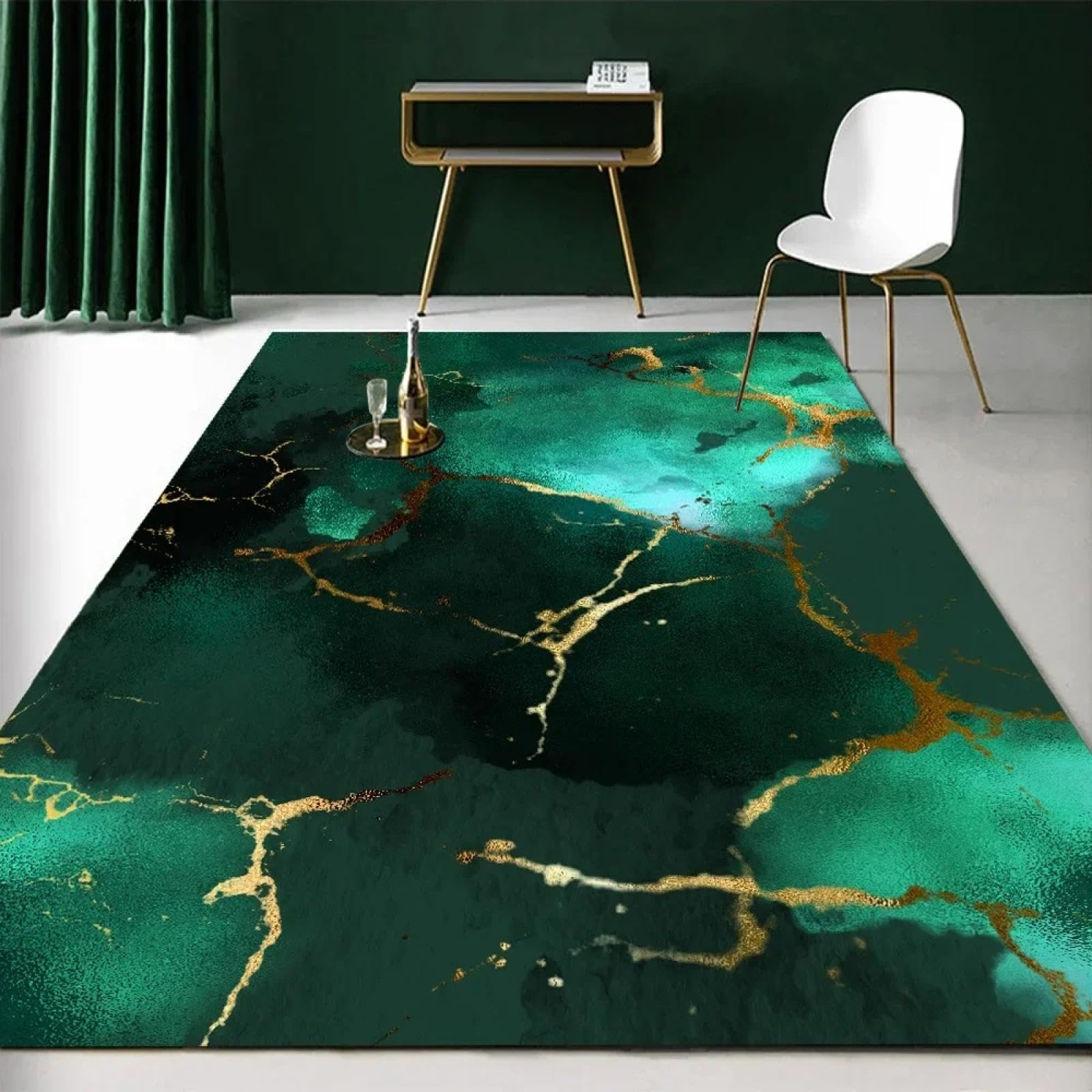 Tapis de luxe vert foncé au design de marbre abstrait pour une chambre cosy