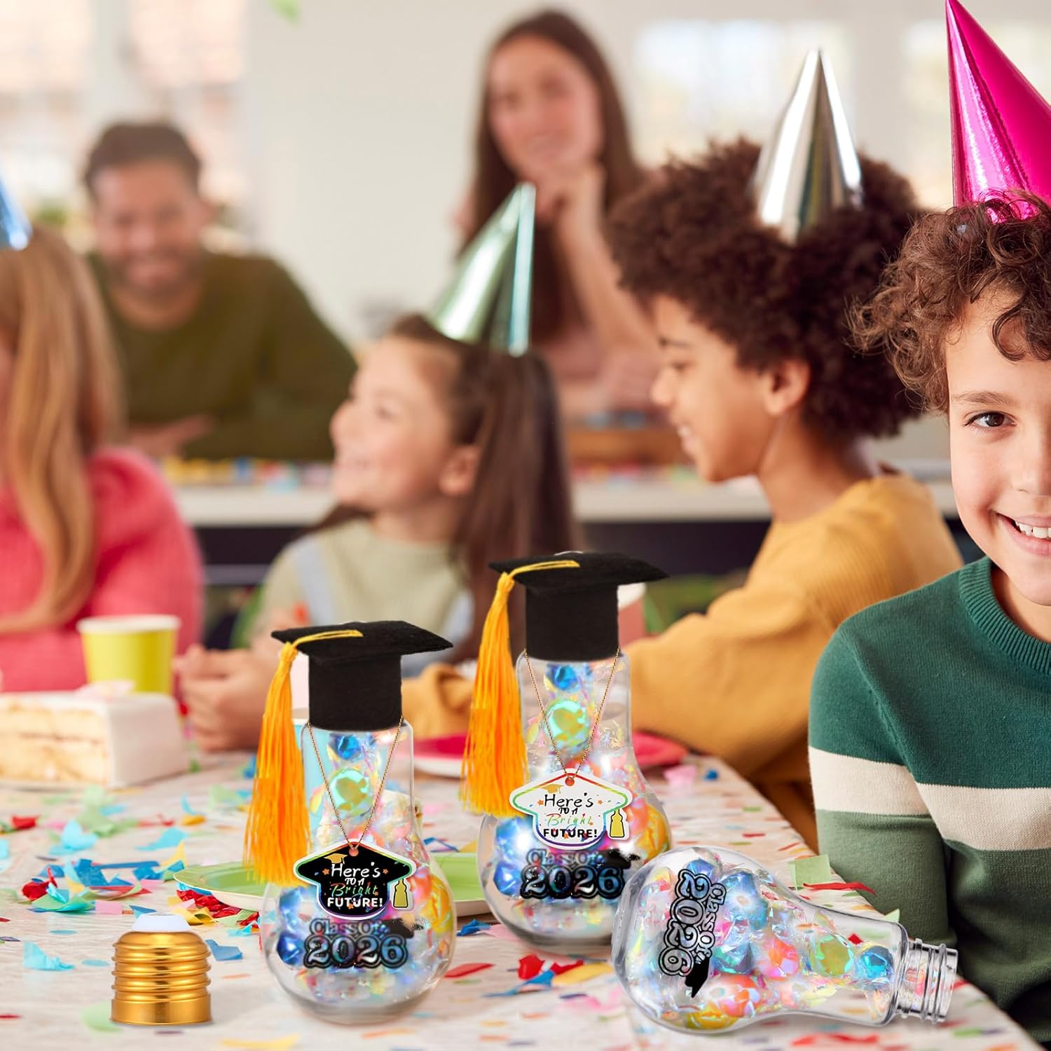 36 Pcs Graduation Party Favors Light Bulb Candy Jars Class of 2026 Graduation Party Supplies for Guests Grad Plastic Light Bulb with Card and Grad Hat Fillable Candy Containers, 100 ml
