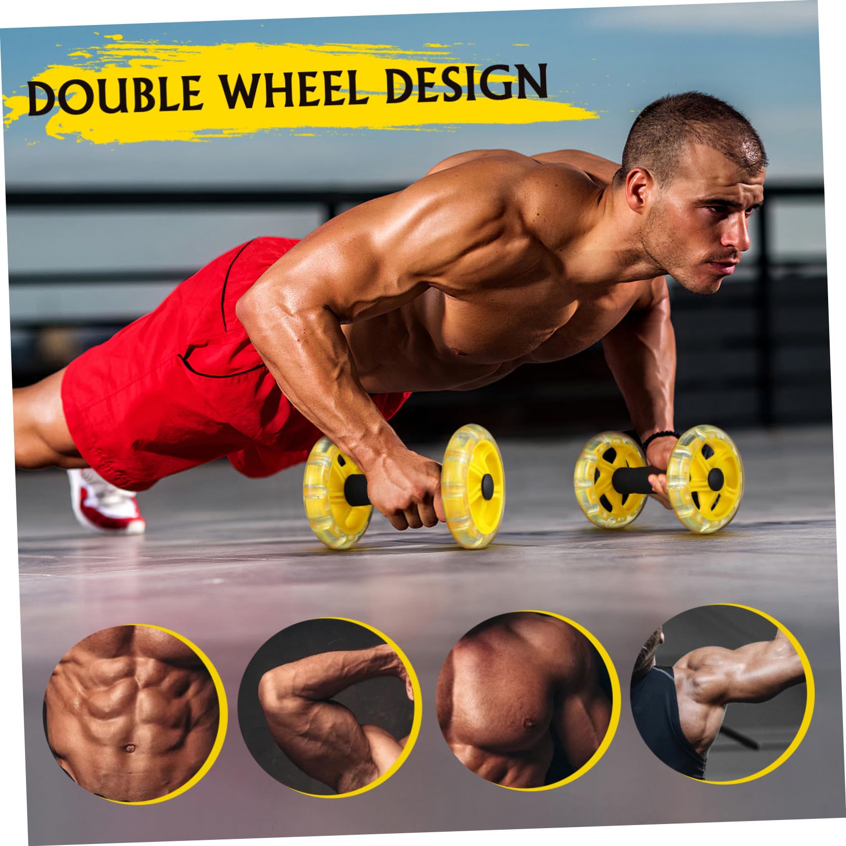 Rodillo Abdominal Doble Rueda para Entrenamiento Fitness Fortalecimiento del Abdomen Máquina Ligera y Estable para Hombre y Mujer Color Amarillo