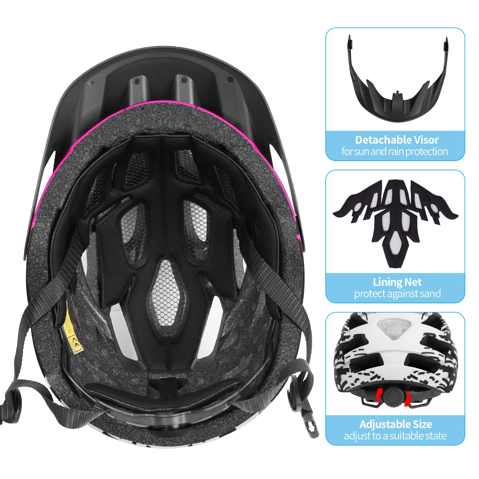 Casco de Bicicleta, Casco de Bicicleta Ligero con luz Trasera y Visera Desmontable, Casco de Ciclismo de 21 ventilación, Casco de Ciclismo de montaña y Carretera para Hombres