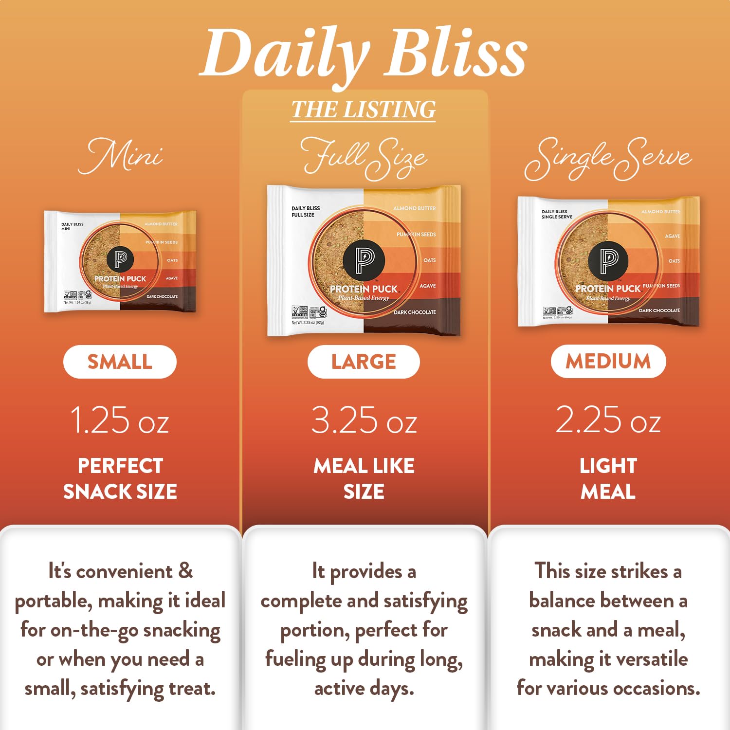 Protein Puck Plant Based Bars | Snacks with Vegan Protein | 16 Count | 3.25 oz Full Size | Gluten Free, Non Dairy, Kosher Certified Non GMO Premium Healthy Bars | Daily Bliss
