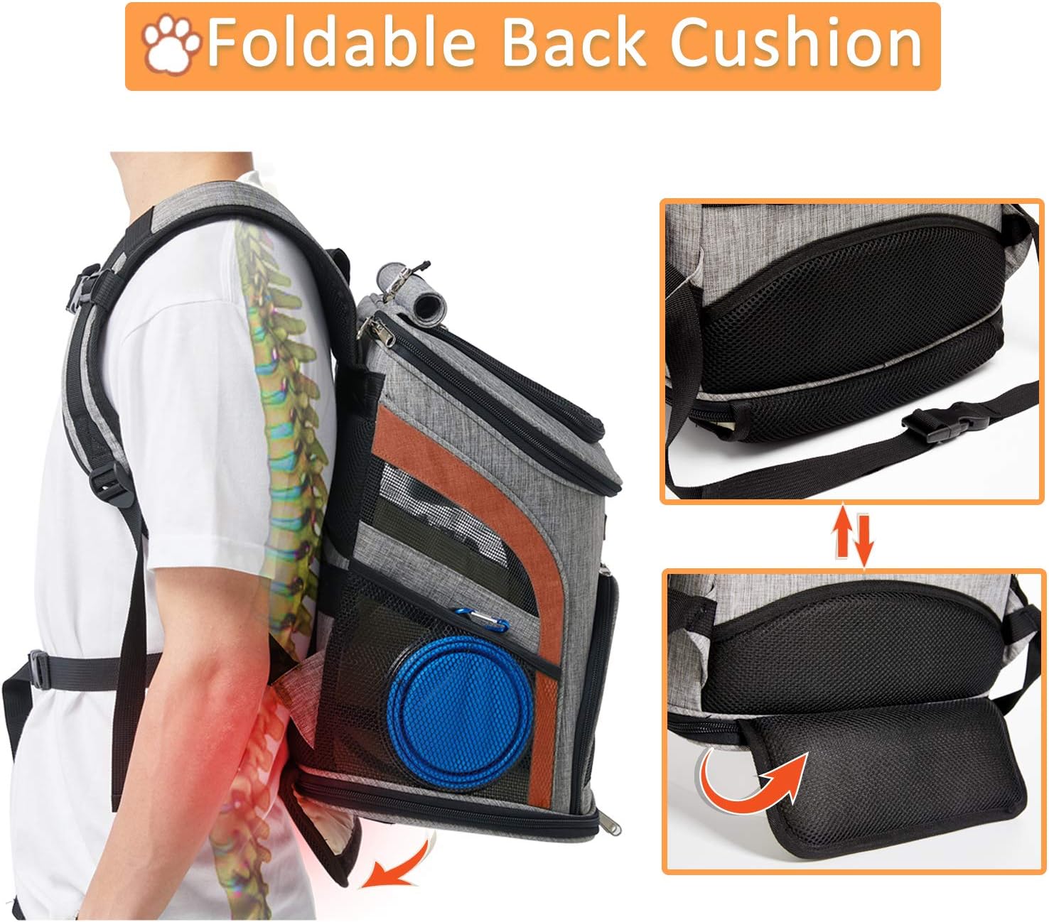 IDEE Dog Backpack Carrier for Small Dog, Cat Backpack Carrier, Pet Carrier Backpack for Small Dogs, Cat,Rabbit for Hiking Biking Camping Travel Outdoor Use,Up to 10lbs (Gery+Orange)