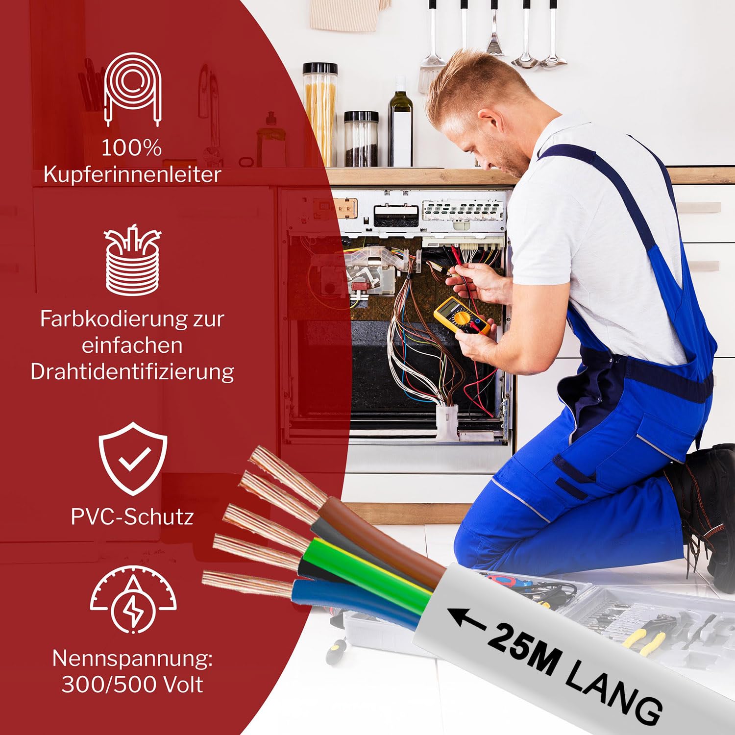 MAS Premium Przewód węża z tworzywa sztucznego H05VV-F 2, 3, 4 lub 5 x 0,75; x1; x1,5 lub x2,5 elastyczny przewód, kabel do urządzeń (H05VV-F 5G1,5 WS, 25 m)
