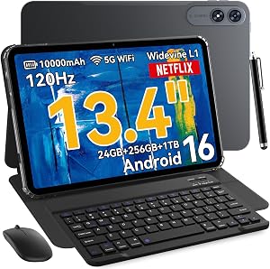 Tablette Android 16 avec clavier et stylo, tablettes de jeu à grand écran de 13,4 po avec Gemini IA, 24 Go RAM + 256 Go ROM, 120 Hz, 10000 mAh, octa-core, stylet