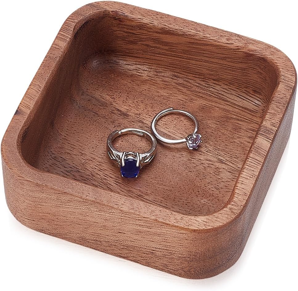 Beebeecraft Walnut Wood Ring Tray Square 3.94 Inch Solid Wood Jewelry Dish Plate for Earrings Necklace Bracelet Keys Trinkets Storage Holder Organizer - Image 5