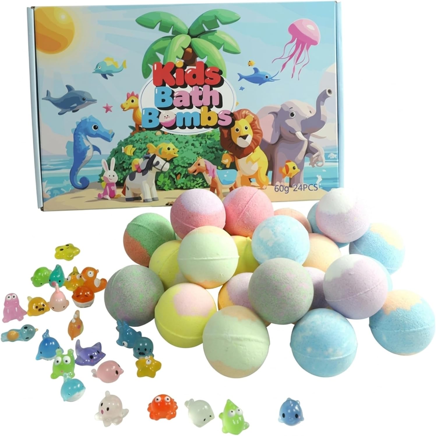 1Set Kids Bath Bombs with Toys Inside - 24 Pack Natural Bath Bombs with Glow-in-the-Dark Ocean Animal, Child-Friendly Scents for Fun Shower Time