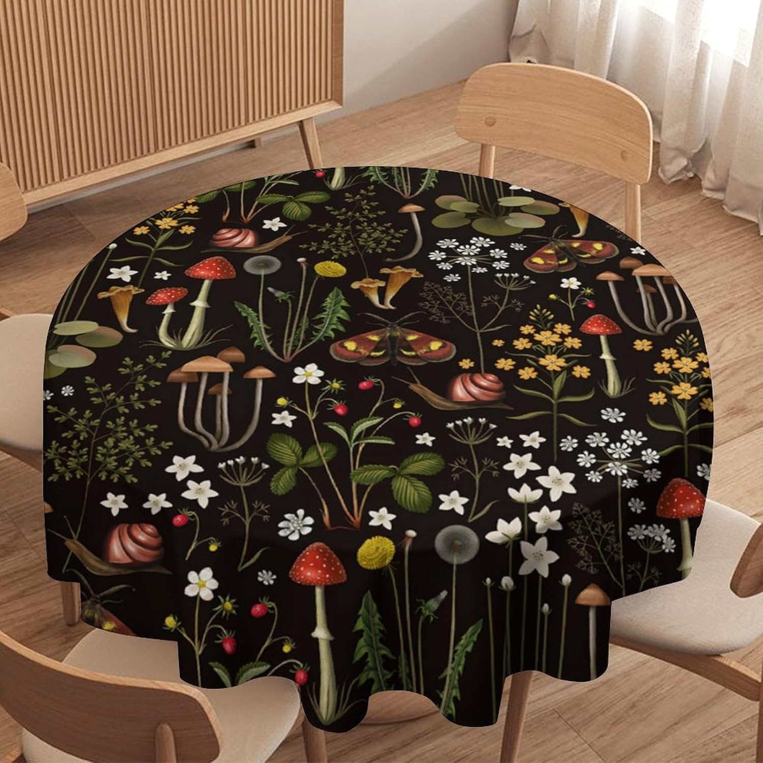 Mushroom Round Tablecloth Forest Flowers Botanical Mushroom Black Design Print Table Cover for Home Party Dining Room Kitchen Decor, 70x70in