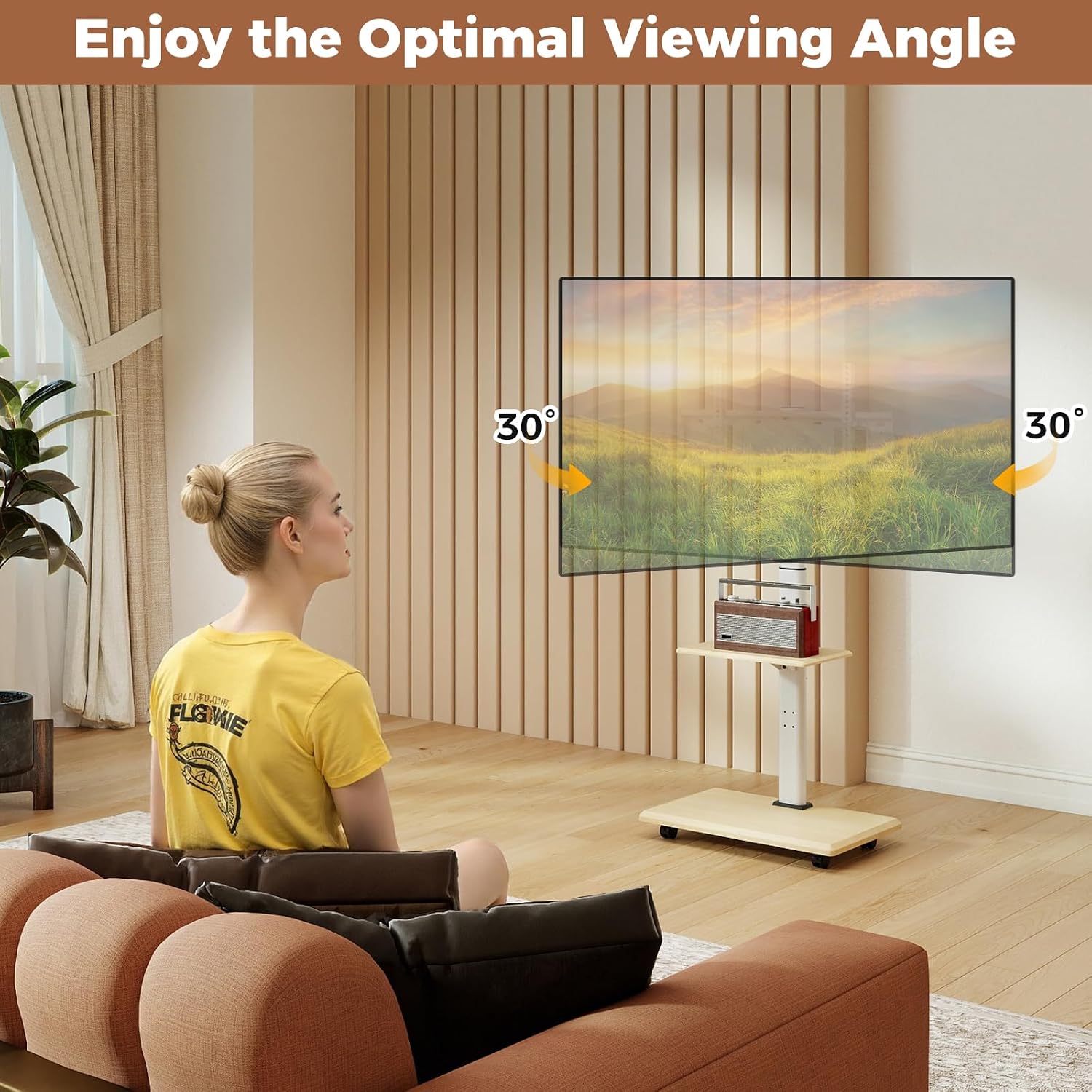 Rolling TV Stand on Wheels, Mobile TV Cart for 32"-75" TVs, Portable AV Cart with 30° Tilt Mount, Adjustable Shelf & Cable Management for Living Room Bedroom Home Office (White & Natural)