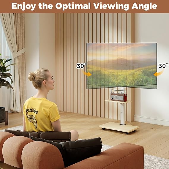 Rolling TV Stand on Wheels, Mobile TV Cart for 32-75 TVs, Portable AV Cart with 30 Tilt Mount, Adjustable Shelf & Cable Management for Living Room Bedroom Home Office (White & Natural)