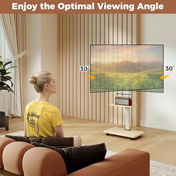 Rolling TV Stand on Wheels, Mobile TV Cart for 32-75 TVs, Portable AV Cart with 30 Tilt Mount, Adjustable Shelf & Cable Management for Living Room Bedroom Home Office (White & Natural)