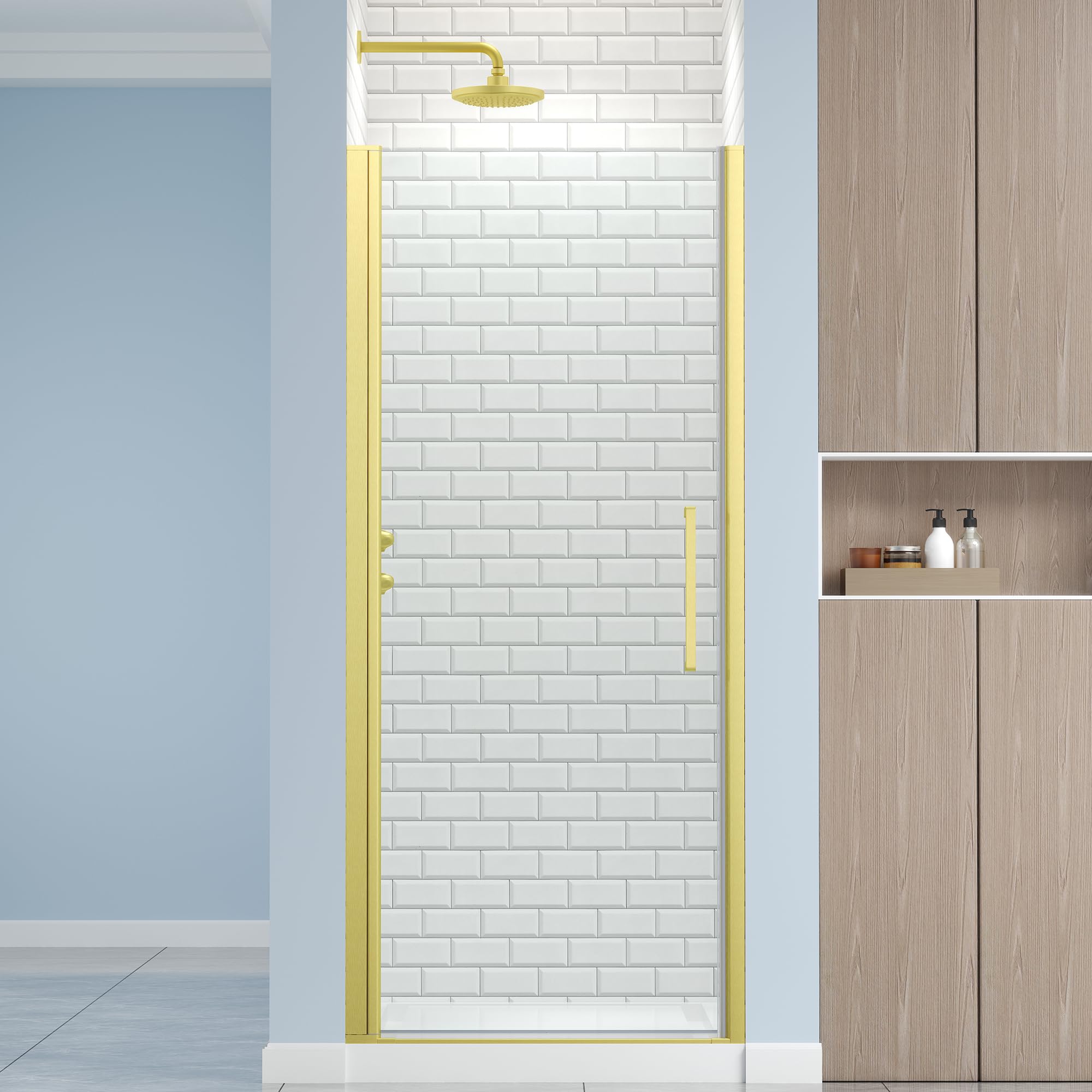 frameless pivot shower door 28.8-30" w x 72" h, 1/4" (6mm) clear sgcc tempered glass, hinged pivot swing shower door, reversible installation, easy to clean, brushed gold hardware
