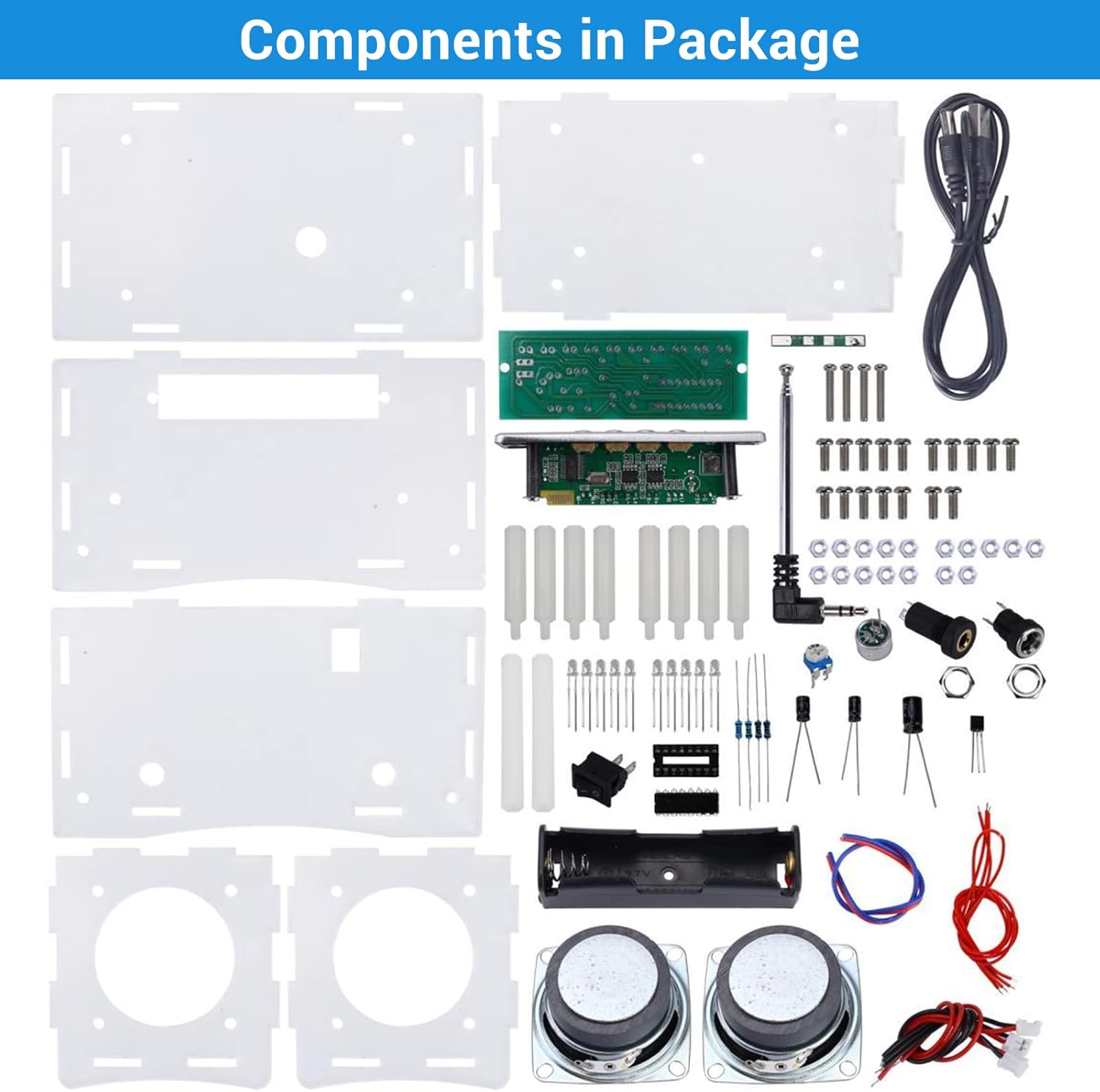 All components included in the MiOYOOW DIY Speaker Kit package
