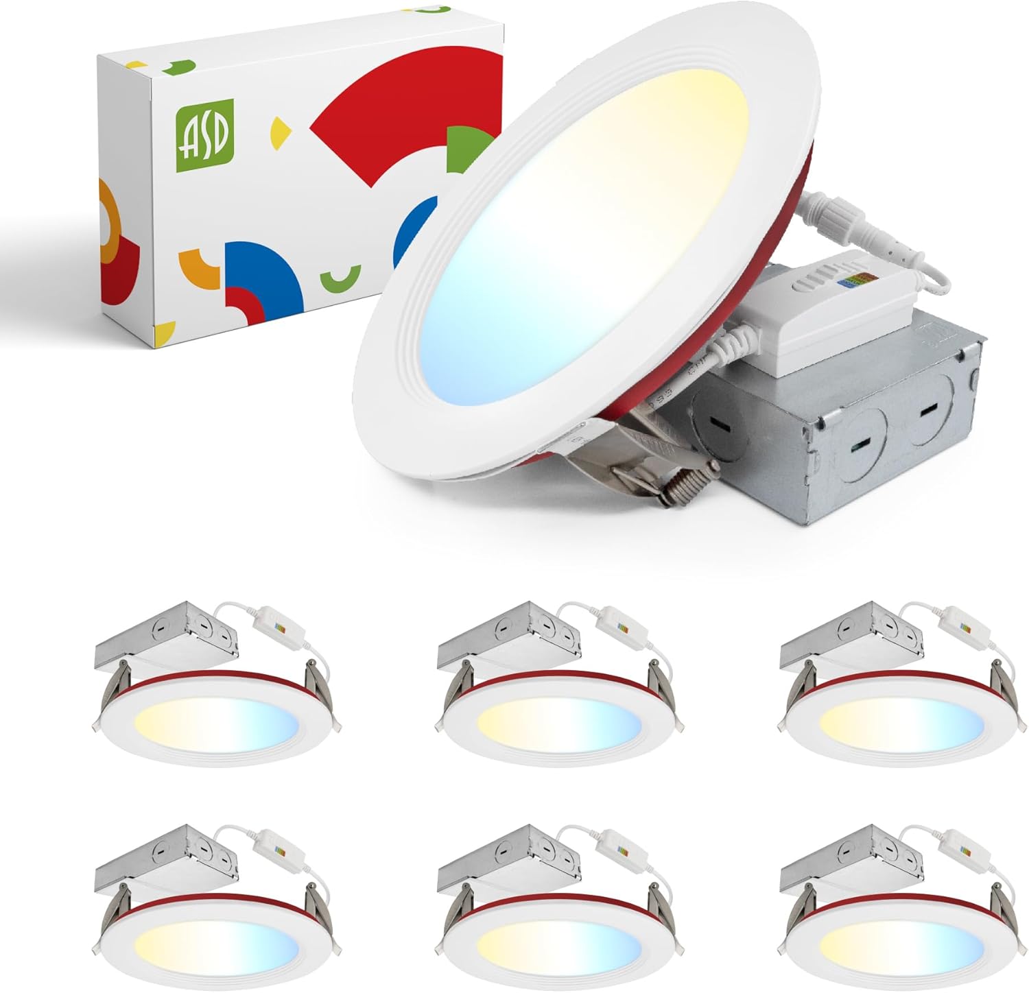 ASD Fire Rated Recessed Light 6 Inch, 15W 120-277V, Mini Panel Baffle Trim, 5 CCT 2700K/3000K/3500K/4000K/5000K, Dimmable Canless Commercial LED Downlight, Wet and IC Rated, Air Tight, ETL, 6 Pack