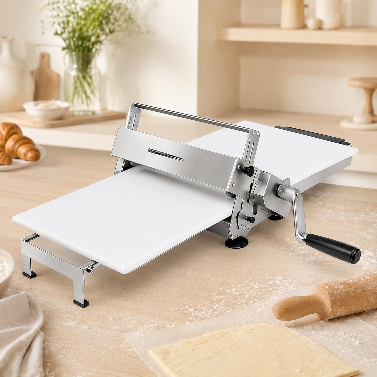 Máquina laminadora Manual, Plegable, de Acero Inoxidable, con Grosor Ajustable, para hojaldre, Masa de Pizza, Croissants y Productos de panadería.