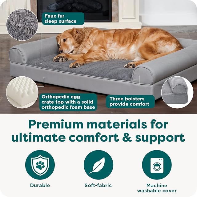 Foto 5 de 8 de Furhaven Large Orthopedic Dog Bed Faux Fur & Velvet Sofa-Style w/Removable Washable Cover - Dark Sage, Large