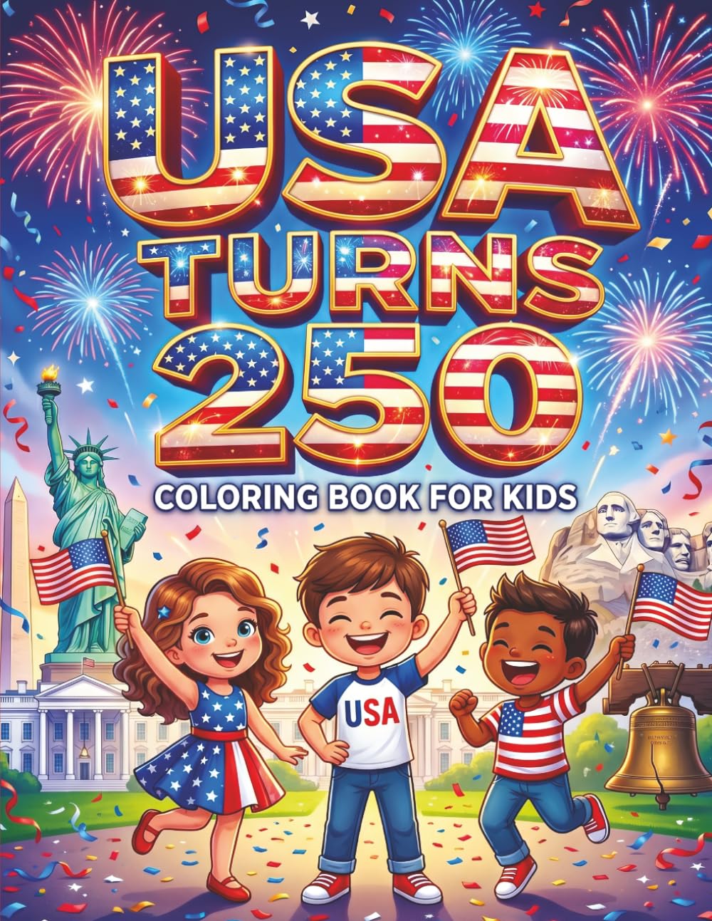 USA Turns 250 Coloring Book For Kids: 50 Amazing Coloring Pages Celebrating America’s 250th Birthday For Kids
