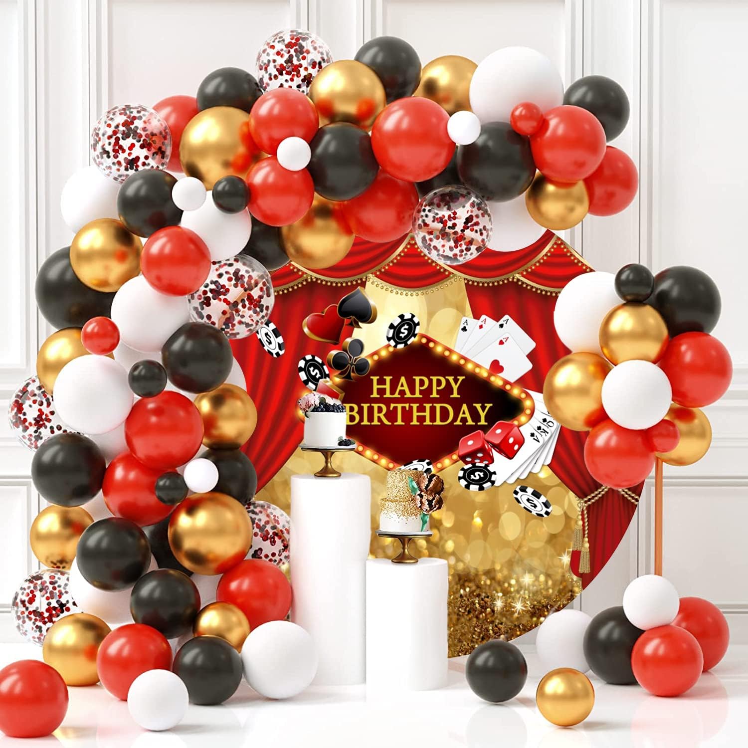 Renaiss 7.2x7.2ft Las Vegas Happy Birthday Round Backdrop Cover Casino Night Golden Glittering Bokeh Circle Photography Background Poker Dice Red Curtains Birthday Party Decors Arch Photo Booth Props