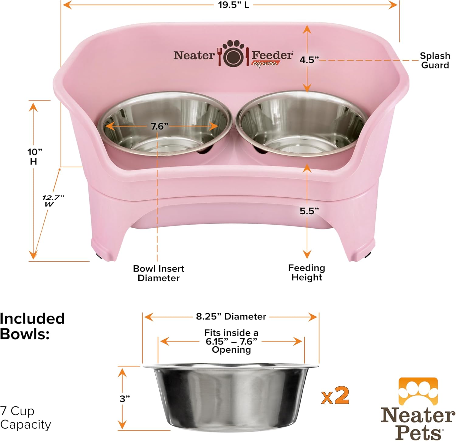 Neater Feeder Express Mess Proof Dog Bowls Elevated for Medium to Large Sized Breed, No Spill Raised Dog Food Bowl Stand, Stainless Steel Food and Water Bowl Set, Pet Dish Feeding Station, Pink