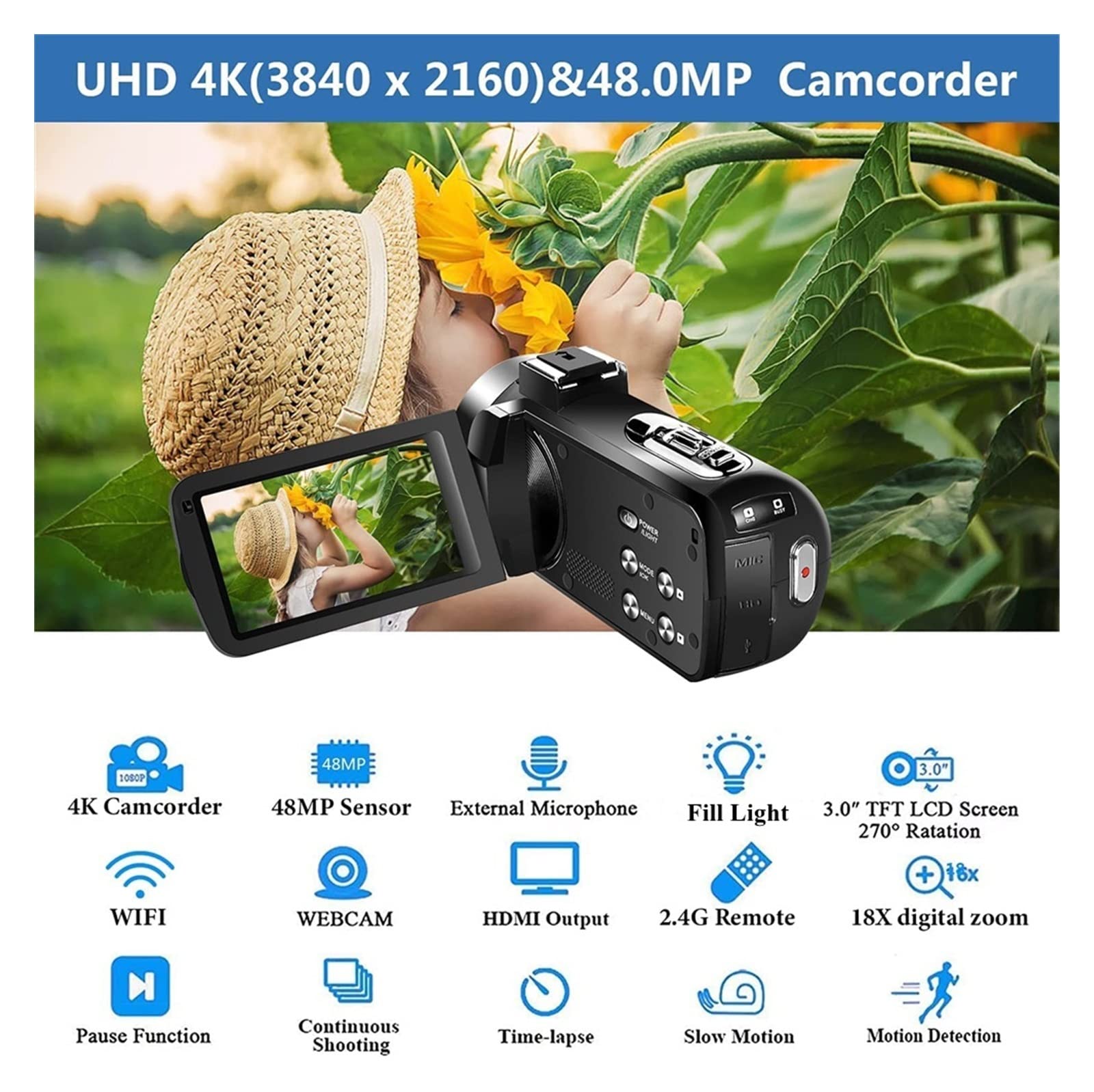Macchina fotografica digitale, Videocamere digitali 18X 4K Videocamera Time Lapse Vlog for blog Ruota Touch Screen 48MP Registratore fotografico(No SD Card,Kit With Lens)