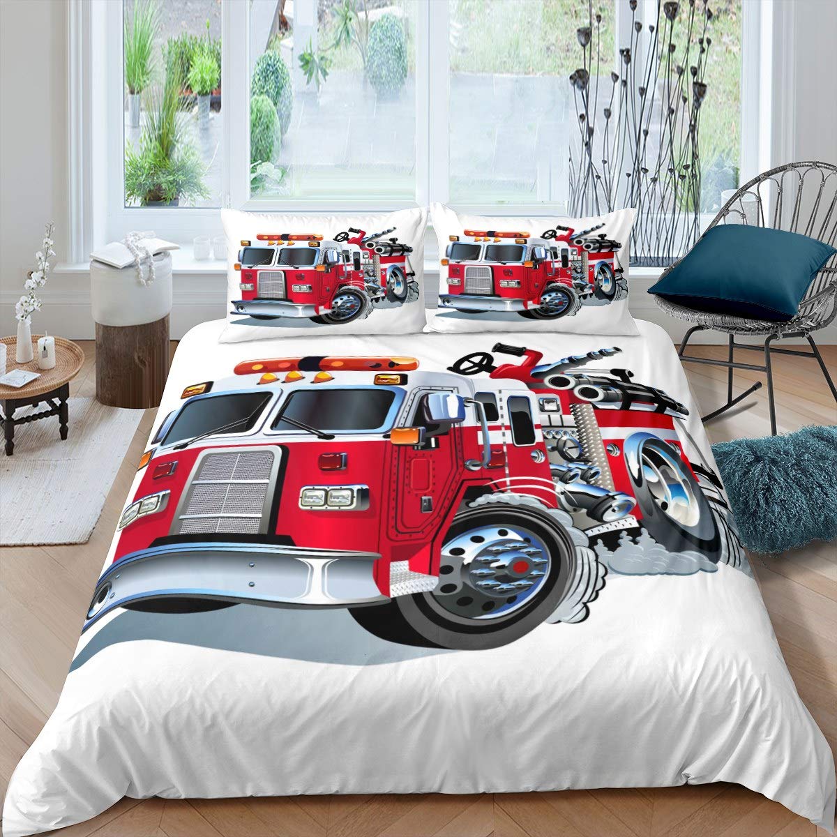 Housse de couette 3D camion de pompier parure de lit enfants couvre-lit véhicule