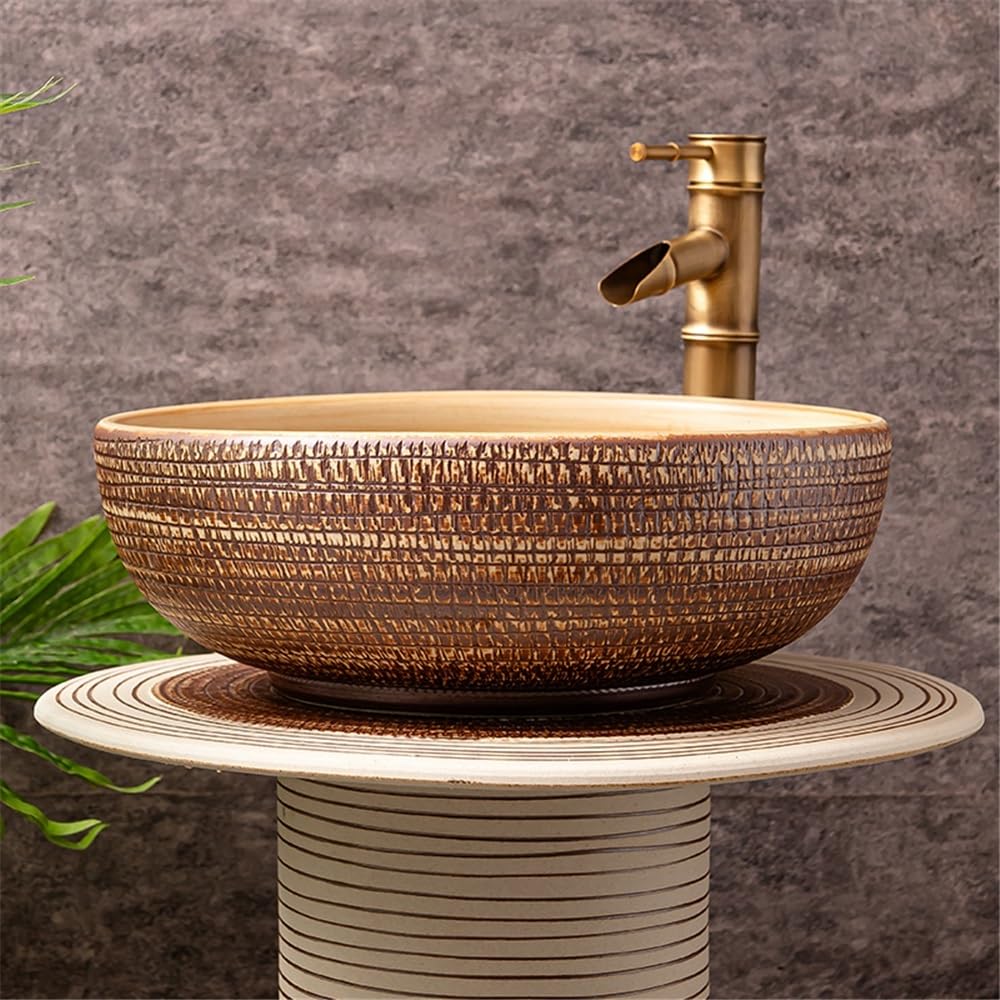 Lavello a colonna retrò con rubinetto e kit di scarico, lavabo in ceramica da pavimento per bagno e cortile, design indipendente, elegante aggiornamento della casa