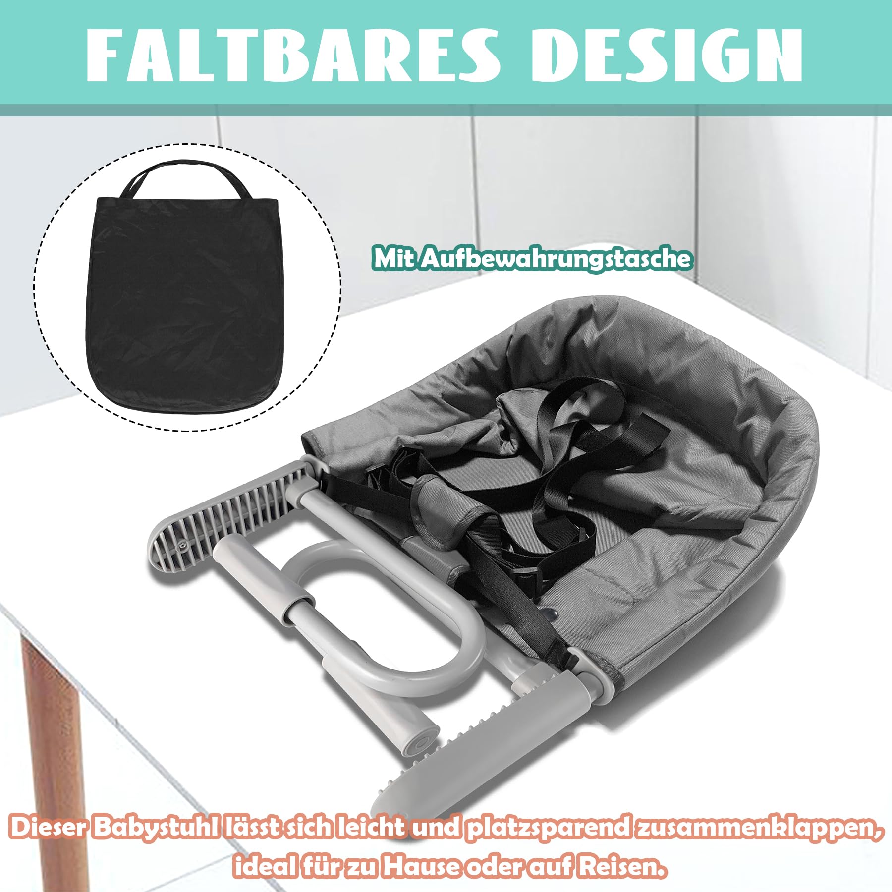 SUBTLETY Seggiolino da tavolo pieghevole, con borsa trasporto, antiscivolo, morsetti, borsa seduta, portatile, 2-8 cm spessore tavolo, 15 kg carico
