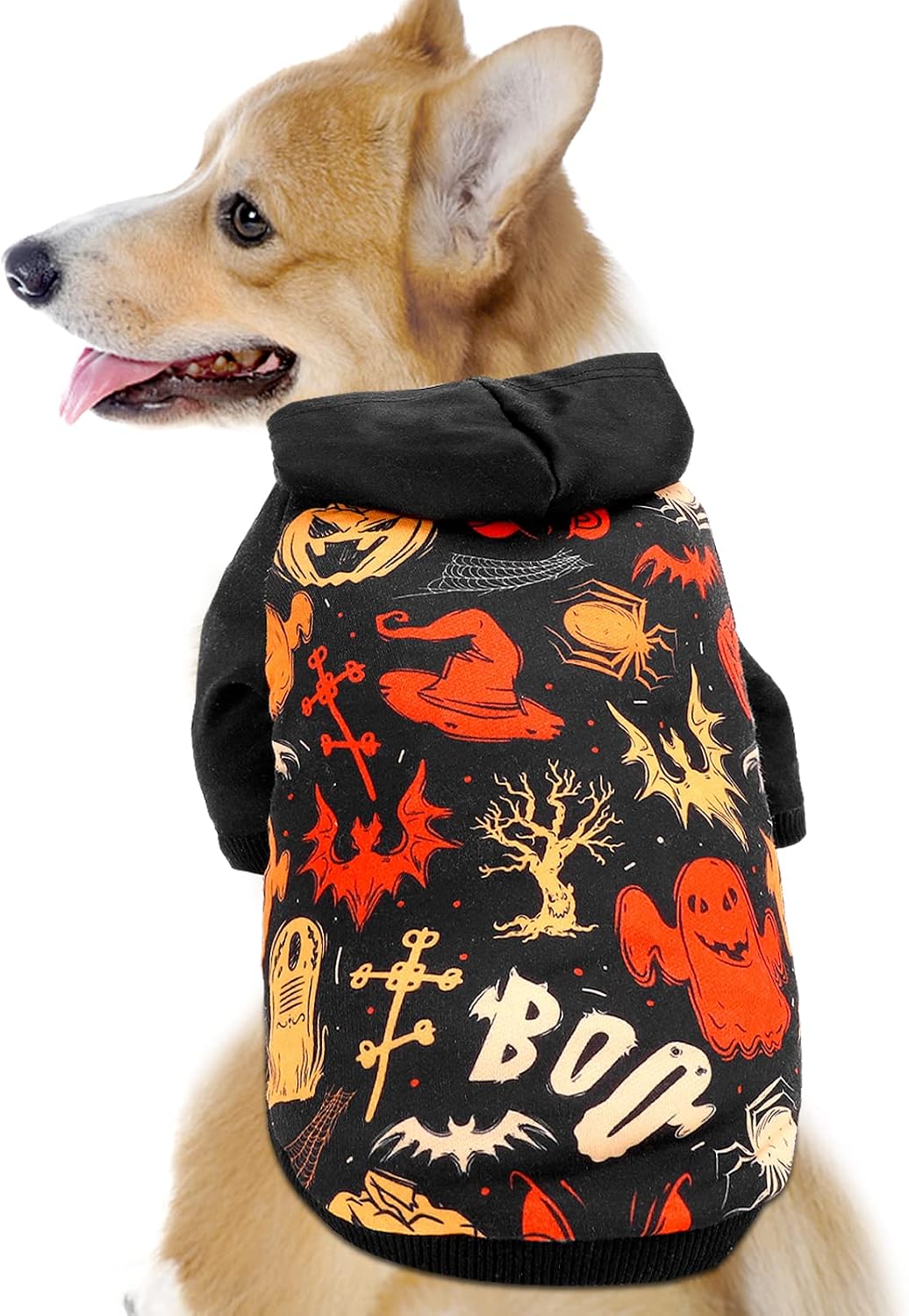 BOTEWO Halloween Dog Hoodie, Winter Warm Puppy Sweatshirt Ghost Pumpkin Print Pet Hooded Outfits for Small Medium and Large Dogs…