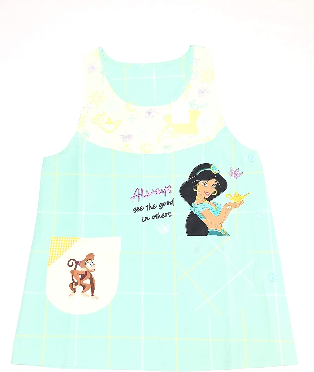 Amazon Co Jp ジャスミン エプロン Bigアップリケ 保育士 女性用 M L レディース ディズニープリンセス アラジン ジーニー ア ディズニー グッズ ホーム キッチン