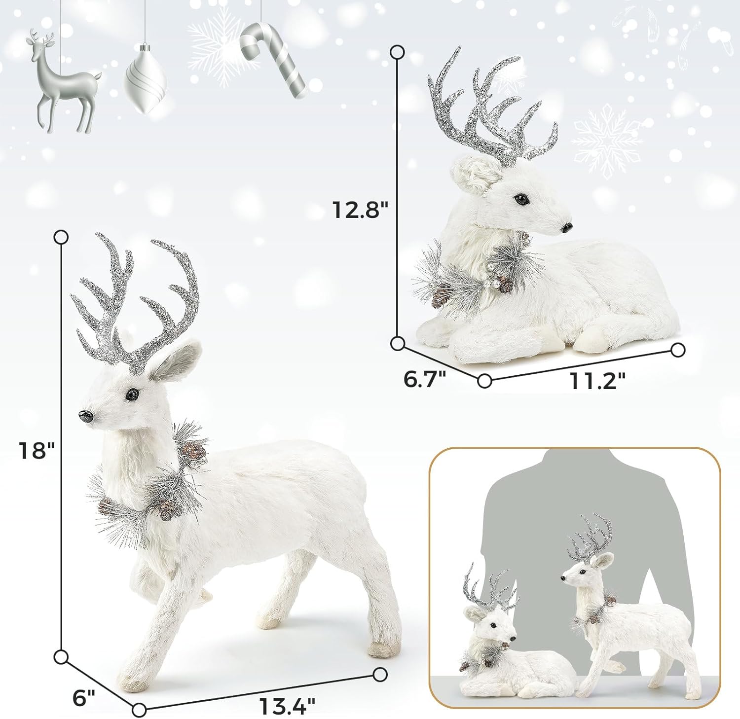 naturevibe 18 Inches Sisal Christmas Reindeer Set of 2,Realistic Woodland Animals Reindeer Figurine with Silver Accent for White Christmas Decorations,Centerpiece Table Decorations or Fireplace Decor