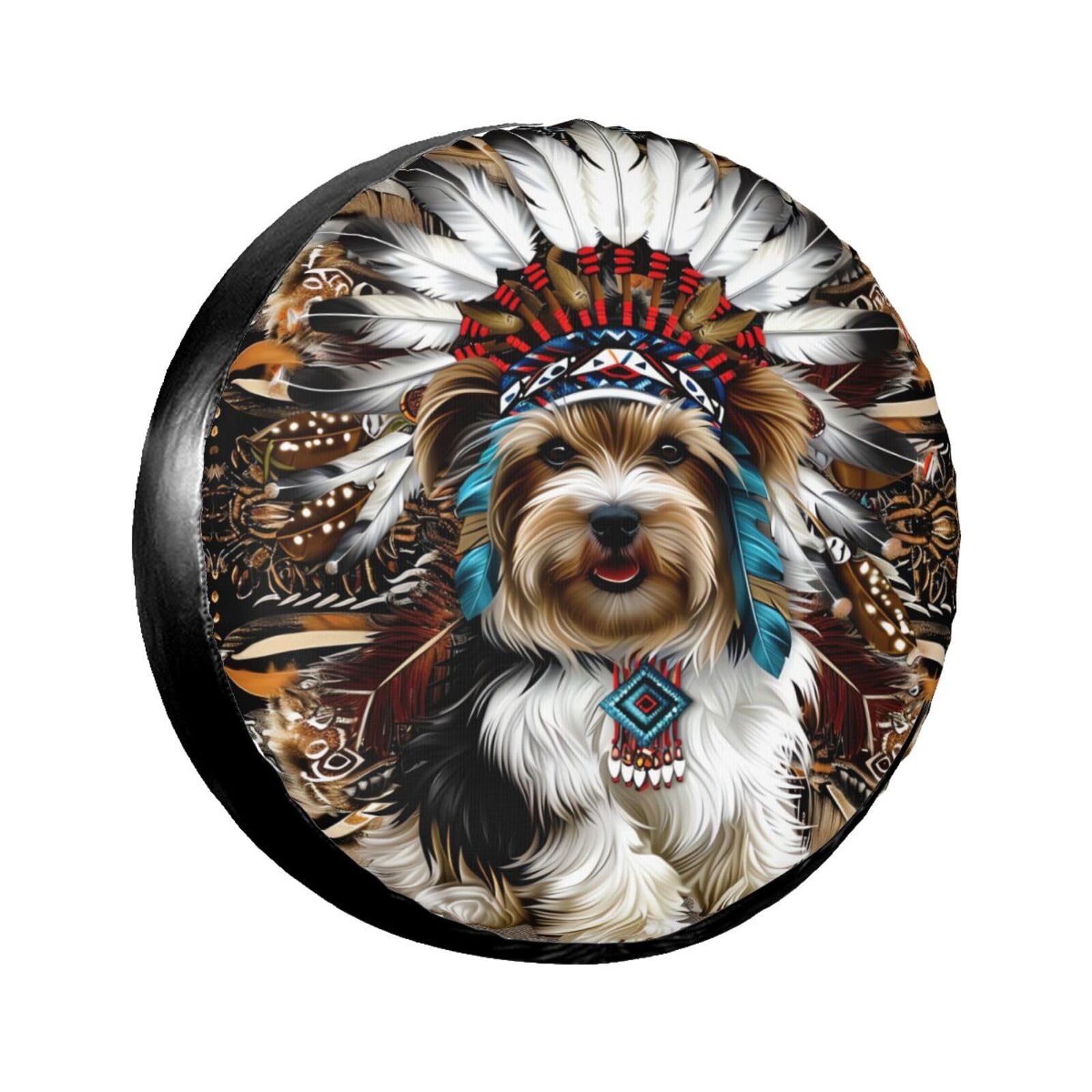 Native American Yorkie Dog Spare Tire Cover for Rv Trailer Camper- Cute Funny Waterproof Wheel Protectors Cover Universal Fit for Truck SUV Travel Camping Outdoor-15 inch