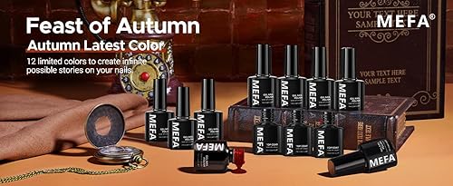 Miniatura 8 de MEFA Juego de esmaltes de uñas de gel de otoño, 12 colores otoñales, naranja, rojo, amarillo, dorado, marrón, con purpurina, kit de esmalte de uñas