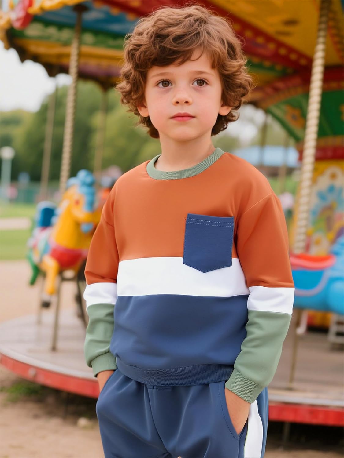 Toddler Boy Clothes Color-Block Long Sleeve Sweatshirt and Pant Outfits Kids 2Pcs Fall Clothing Set - Image 3