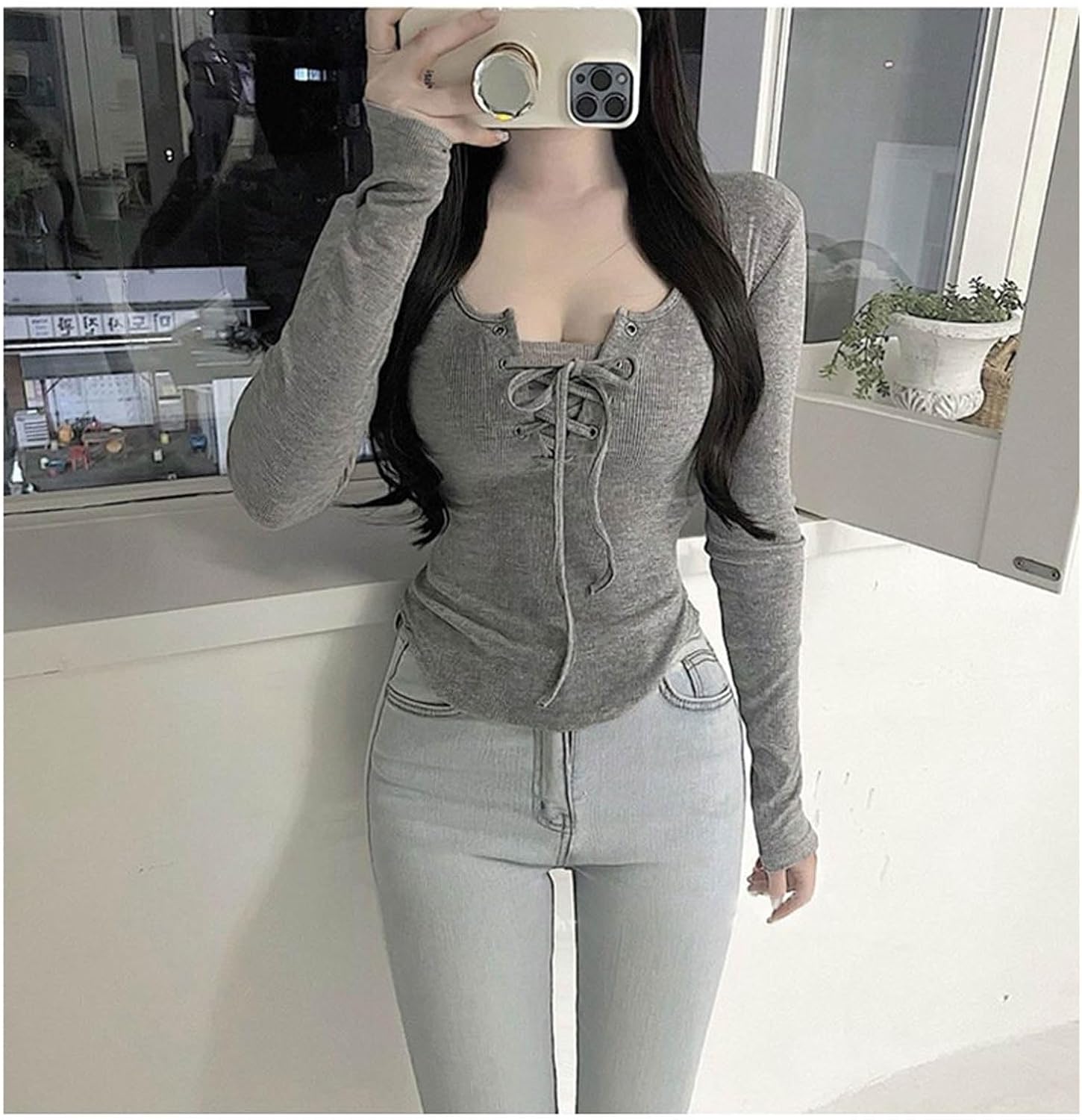 Women's lace up Round Neck Fairy Crop top Y2K Long Sleeved Tight Fitting Shirt Harajuku Girls Casual Clothes - Image 2