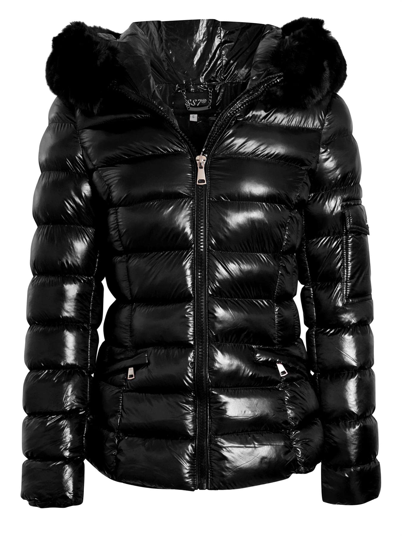 Ss7 Women's Black Shiny Faux Fur Puffer Coat